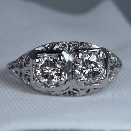 Antique 18kt Filigree White Gold Two Diamond Ring  Litnon.com