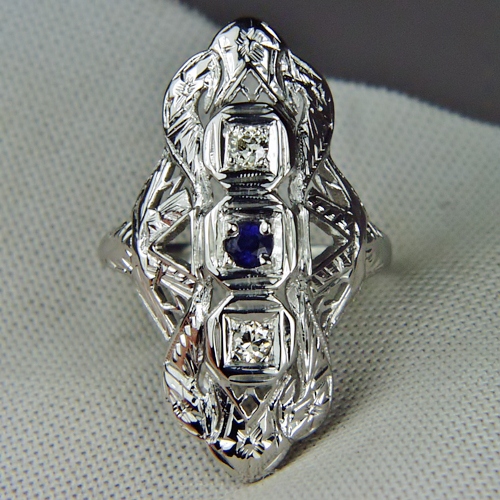 Antique 14kt Filigree White Gold Diamond and Sapphire Ring  Litnon.com