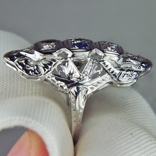 Antique 14kt Filigree White Gold Diamond and Sapphire Ring  Litnon.com