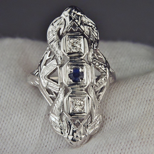 Antique 14kt Filigree White Gold Diamond and Sapphire Ring  Litnon.com