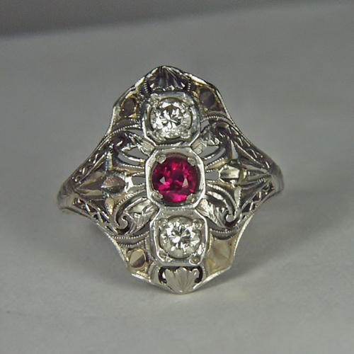 Antique Filigree Platinum Diamond and Ruby Ring  Litnon.com