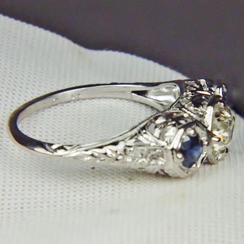 Antique 18kt Filigree White Gold Diamond and Sapphire Ring  Litnon.com