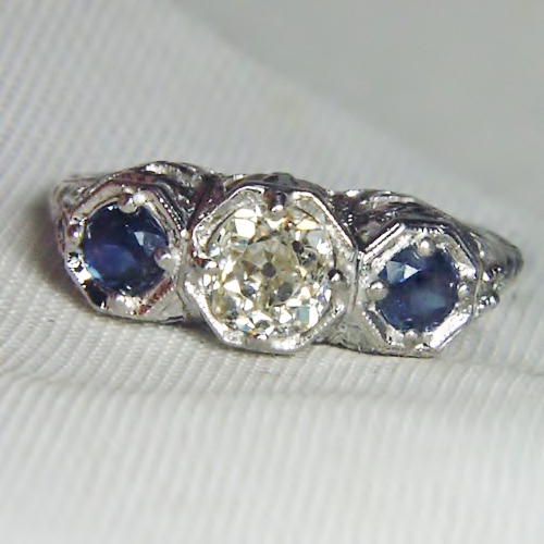 Antique 18kt Filigree White Gold Diamond and Sapphire Ring  Litnon.com
