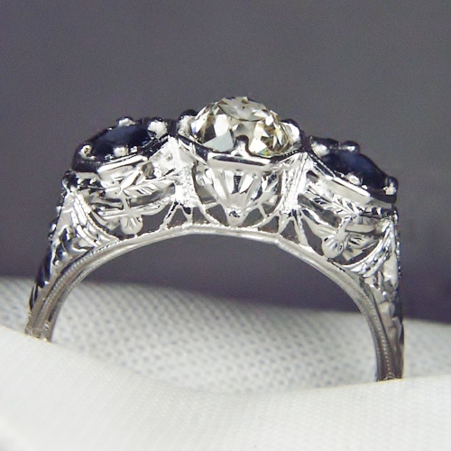 Antique 18kt Filigree White Gold Diamond and Sapphire Ring  Litnon.com