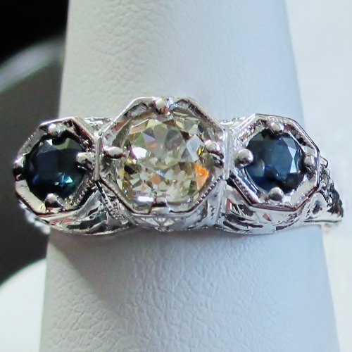 Antique 18kt Filigree White Gold Diamond and Sapphire Ring  Litnon.com