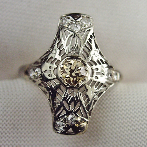 Antique 14kt Filigree White Gold Diamond and Sapphire Ring  Litnon.com