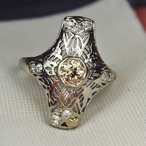 Antique 14kt Filigree White Gold Diamond and Sapphire Ring  Litnon.com