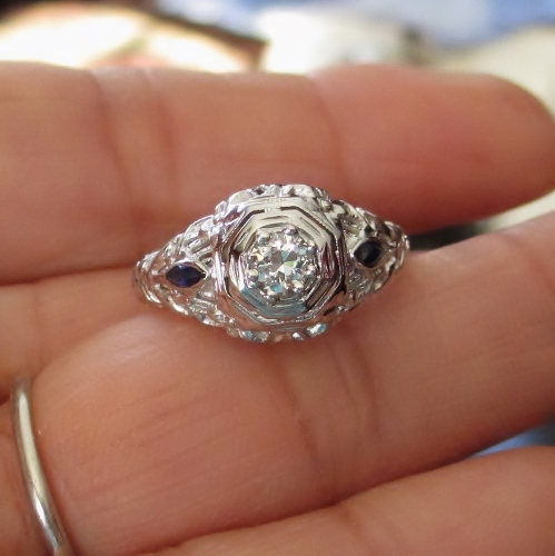 Antique 18kt White Gold Old Euro Cut Diamond and Sapphire Ring  Litnon.com