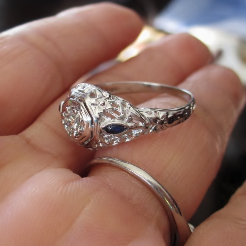 Antique 18kt White Gold Old Euro Cut Diamond and Sapphire Ring  Litnon.com