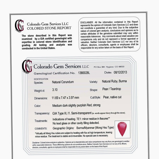 Rare! Certified Natural Mong Hsu South East Asia Ruby 3.10 carats!  Litnon.com
