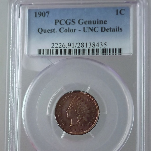 1907 PCGS Genuine Quest Color- 1 Cent Coin Indian Head  Litnon.com