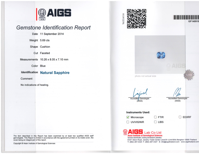 Quality AIGS Certified Unheated Ceylon Sapphire 5.69ct  Litnon.com