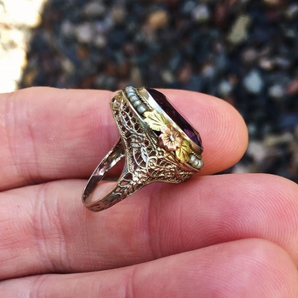 Antique 14 kt Tri - Color Gold Filigree Amethyst Seed Pearl Ring  Litnon.com