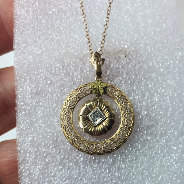 Antique Victorian 14kt Gold Filigree Necklace With Diamond  Litnon.com