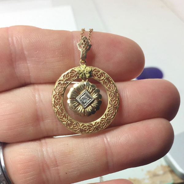 Antique Victorian 14kt Gold Filigree Necklace With Diamond  Litnon.com