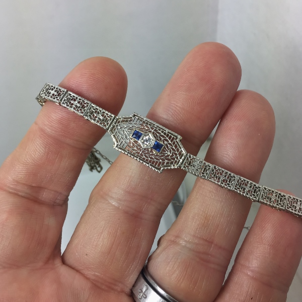 Antique 14kt Filigree White Gold Diamond - Sapphire Bracelet  Litnon.com