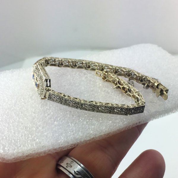 Antique 14kt Filigree White Gold Diamond - Sapphire Bracelet  Litnon.com
