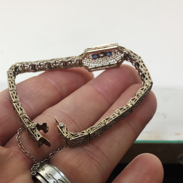 Antique 14kt Filigree White Gold Diamond - Sapphire Bracelet  Litnon.com