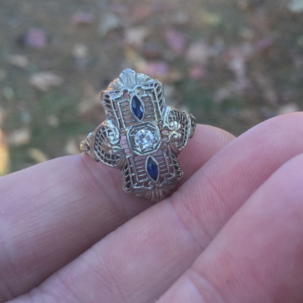 Antique 14kt White Gold Filigree Diamond Sapphire Ring  Litnon.com