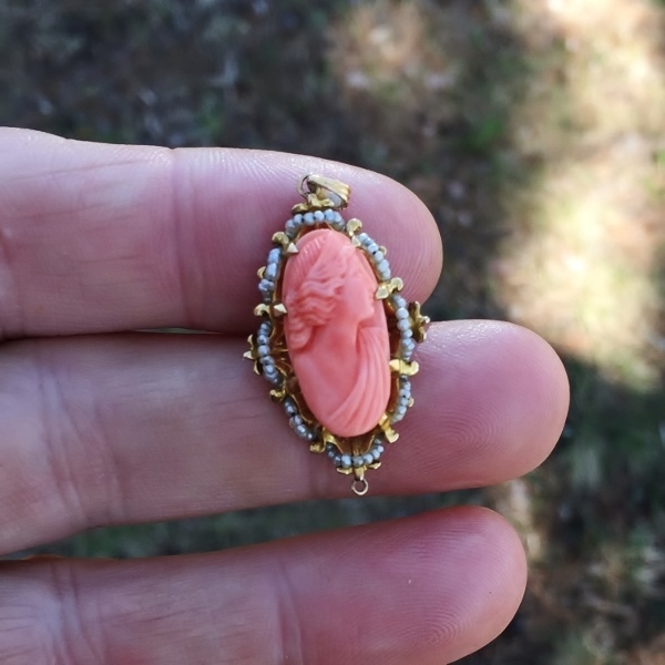 Antique Victorian Era Salmon Coral and Pearl Cameo Pendant  Litnon.com