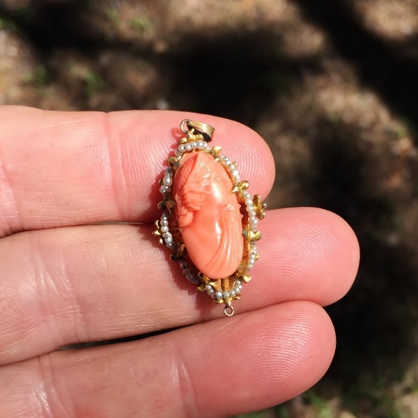 Antique Victorian Era Salmon Coral and Pearl Cameo Pendant  Litnon.com