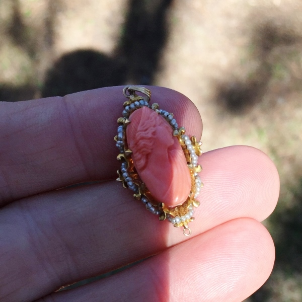 Antique Victorian Era Salmon Coral and Pearl Cameo Pendant  Litnon.com
