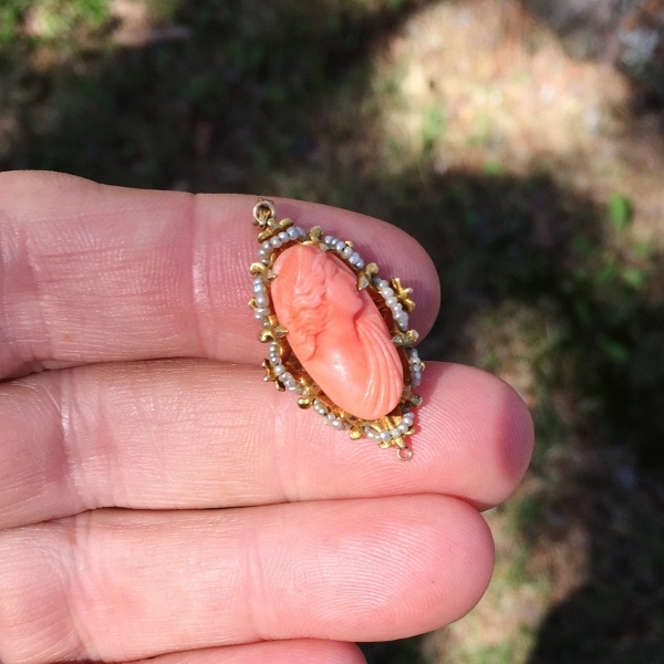 Antique Victorian Era Salmon Coral and Pearl Cameo Pendant  Litnon.com
