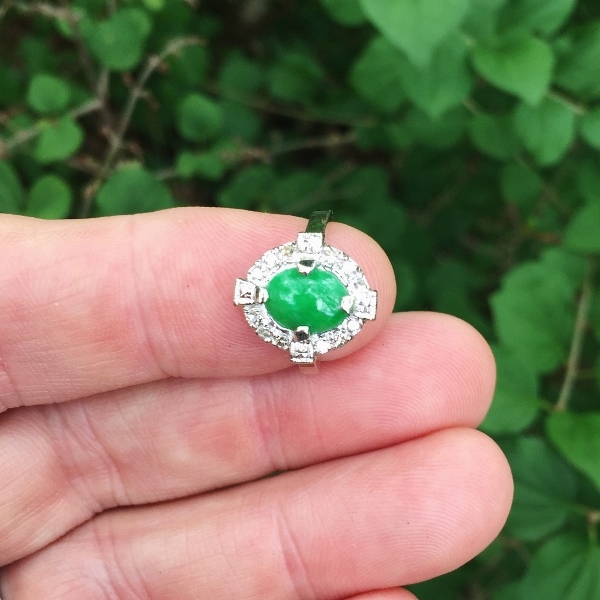 Vintage! Green Jadeite Palladium Diamond Ring GL Litnon.com