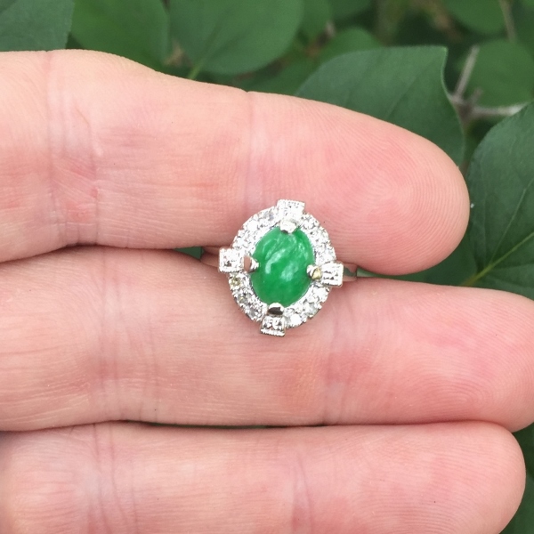 Vintage! Green Jadeite Palladium Diamond Ring GL Litnon.com