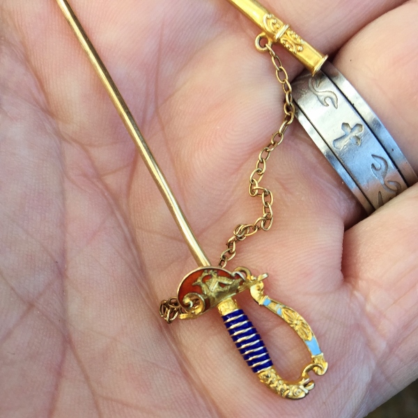 Antique! Victorian 14 karat Enamel Sword Jabot Pin & Scabbard GL Litnon.com