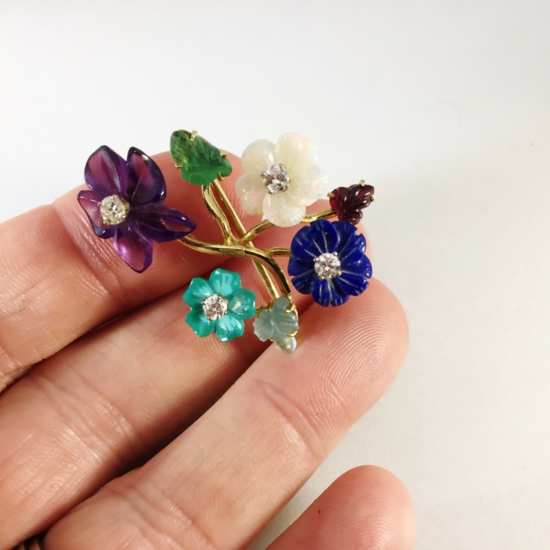 Vintage 14 karat Gold Diamond and Gemstone Brooch  Litnon.com