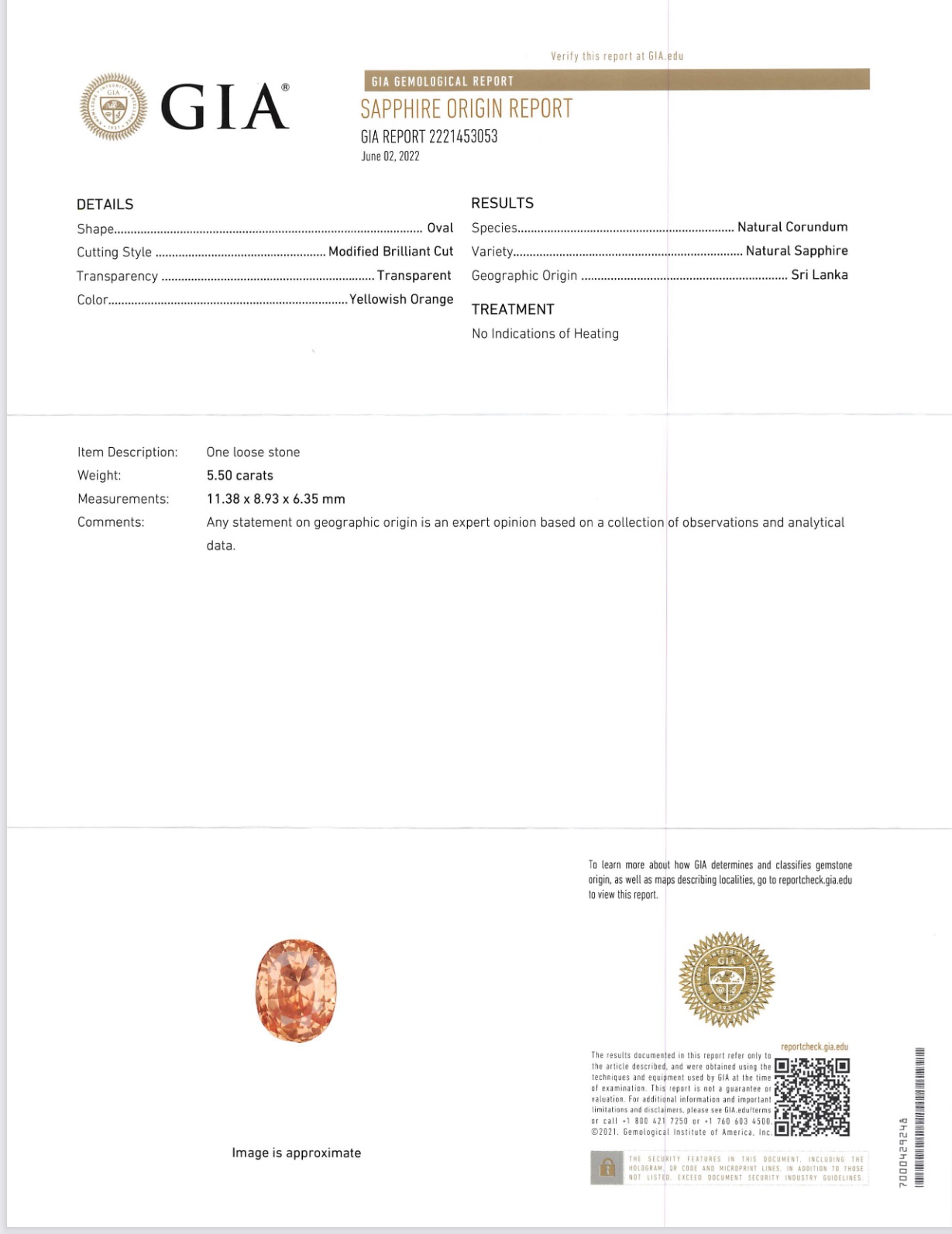 GIA Certified! Unheated Yellowish Orange Sapphire Sri Lanka 5.50 ct  Litnon.com