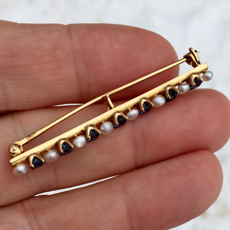 Vintage Quality Montana Blue Sapphire and Pearl 14kt Bar Pin  Litnon.com