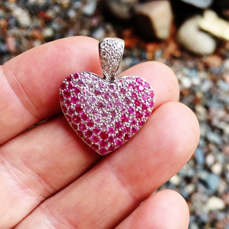 14 kt. Burmese Ruby, Pink Sapphire & Diamond Heart Pendant  Litnon.com