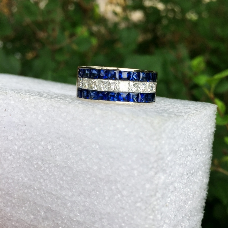Channel Set Princess Cut Sapphire & Diamonds 18 kt Ring   Litnon.com
