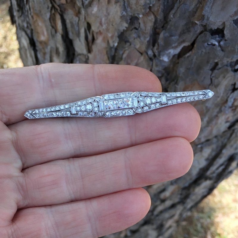  Art Deco Platinum & 18 kt Diamond Brooch French Cut Center Diamonds Litnon.com