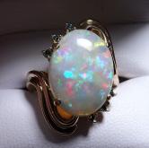 Color and Fire Australian Opal - Blue Diamond Ring 14kt 