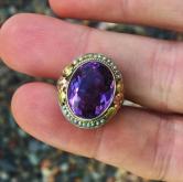 Antique! 14 kt Tri - Color Gold Filigree Amethyst Seed Pearl Ring 